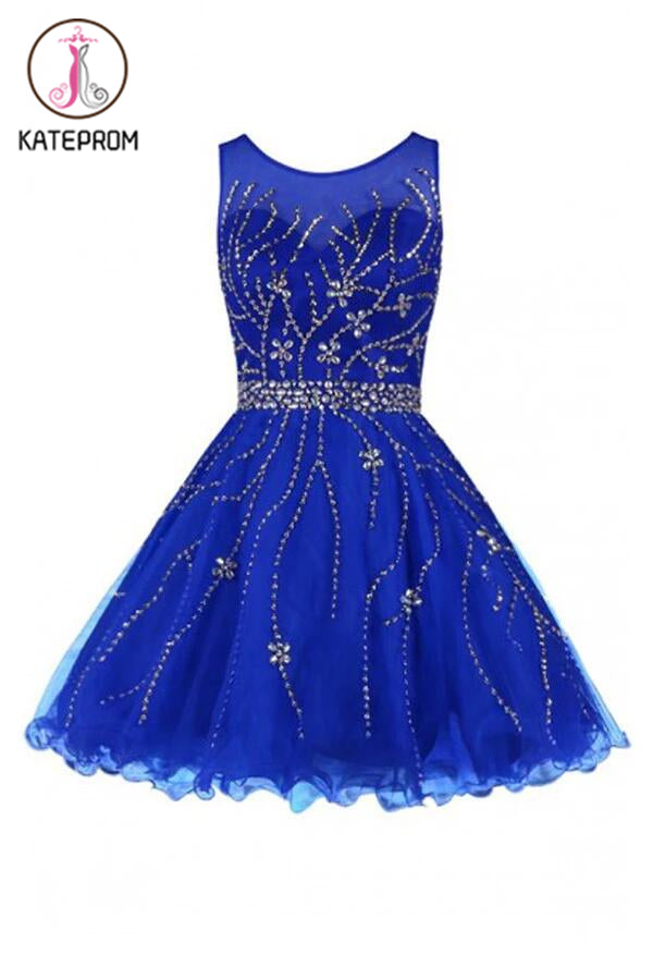 Scoop Royal Blue Tulle Beading Prom Dress Homecoming Dress KPH0095
