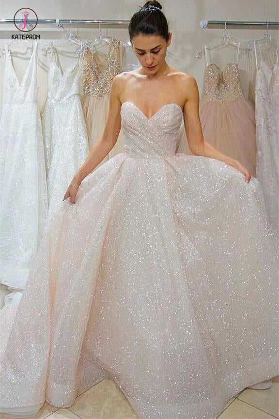 Ivory Sequined Sweetheart Prom Dress, Sparkly Floor Length Wedding Dresses KPW0244