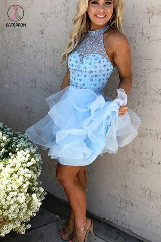 A-Line Light Blue Jewel Sleeveless Beading Mini Tulle Homecoming Dresses,Party Dresses KPH0241