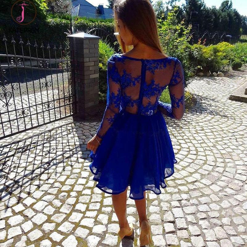A-Line V-Neck Long Sleeves Royal Blue Chiffon Lace Homecoming Dress,Royal Blue Party Dress KPH0238