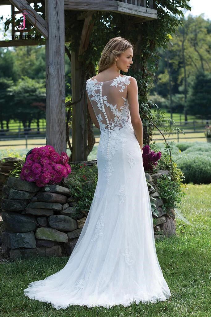 Vintage V Neck Sleeveless Tulle Lace Appliqued Wedding Dress, Long Bridal Dresses KPW0286