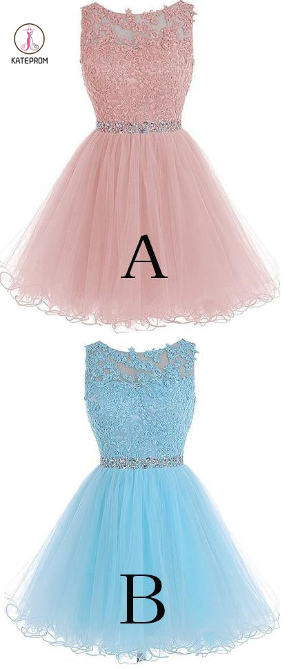 Appliqued Sleeveless Homecoming Dress with Beads,Tulle Homecoming Gown,Short Prom Gown KPH0217