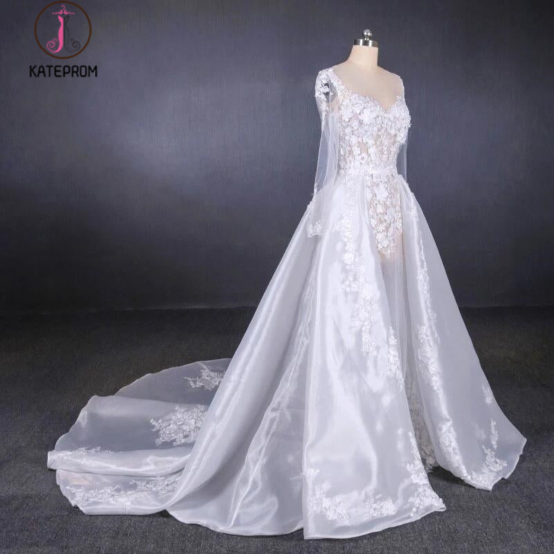 Gorgeous Long Sleeves Sweetheart Wedding Dress, White Bridal Dresses with Applique KPW0471