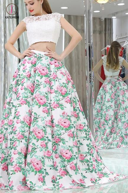 Sexy Princess Two Piece Cap Sleeves White Lace Floral Long Prom Dresses KPP0344