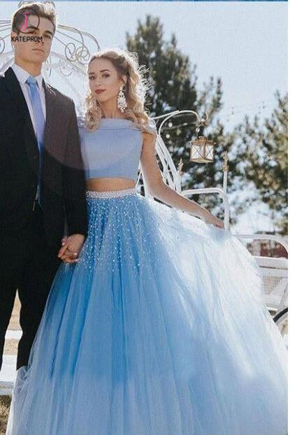 Two Piece A-line Off the Shoulder Open Back Light Blue Long Prom Dress with Beads KPP0441