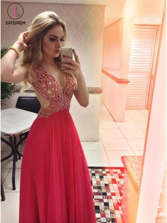 Hot Pink A-line Deep V-neck Chiffon Beading Backless Sleeveless Prom Gown,Formal Gown KPP0266