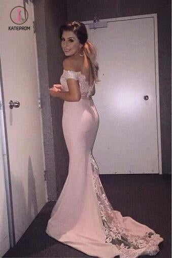 Light Pink Mermaid Off-the-shoulder Long Bridesmaid Dress with Lace Appliques KPB0109