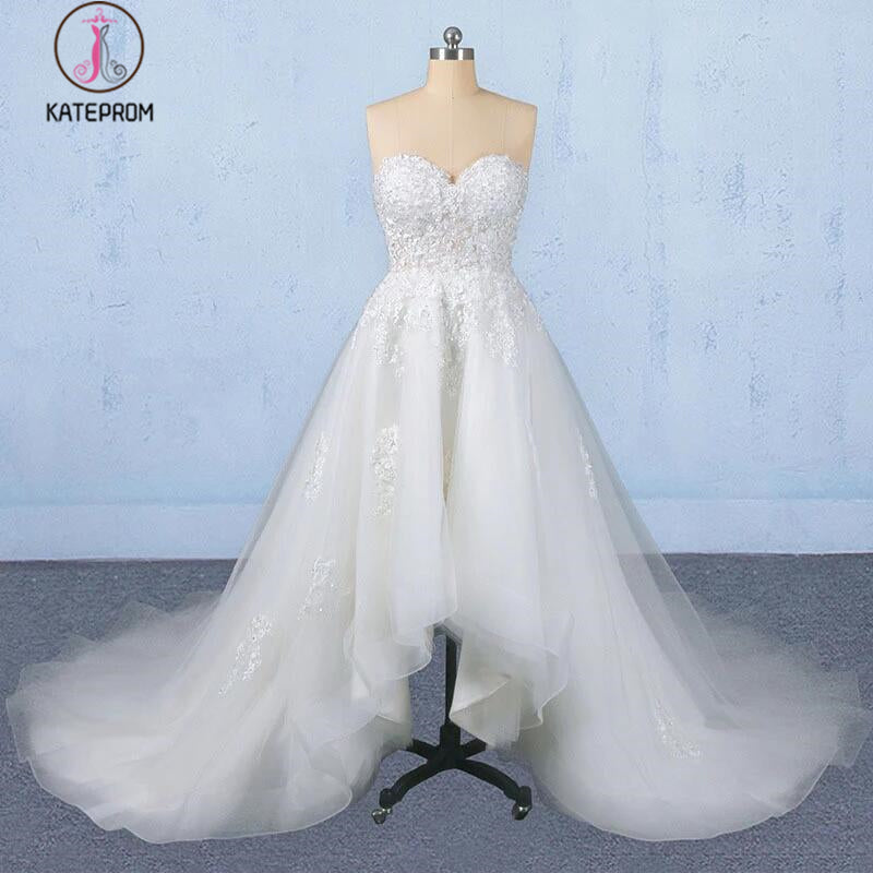 Off White Sweetheart High Low Tulle Appliques Wedding Dresses with Train KPW0488