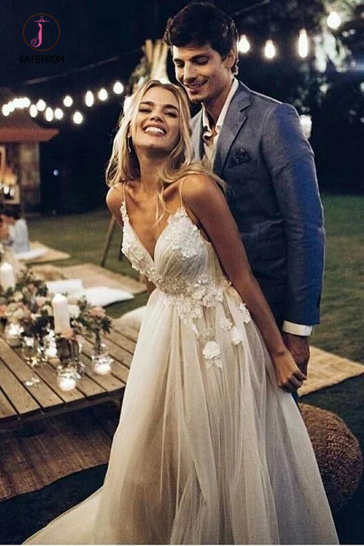 Spaghetti Straps V Neck Tulle Beach Wedding Dress with Appliques, Sexy Backless Bridal Dress KPW0530