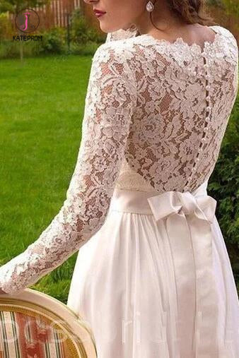 Vintage Long Sleeves Chiffon Wedding Dress with Lace, Flowy Beach Wedding Dress KPW0536