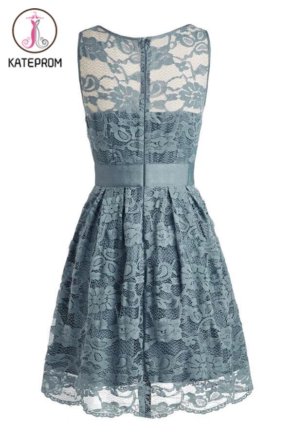 Knee-length Lace Sleeveless Blue Prom/Homecoming Dress KPH0081