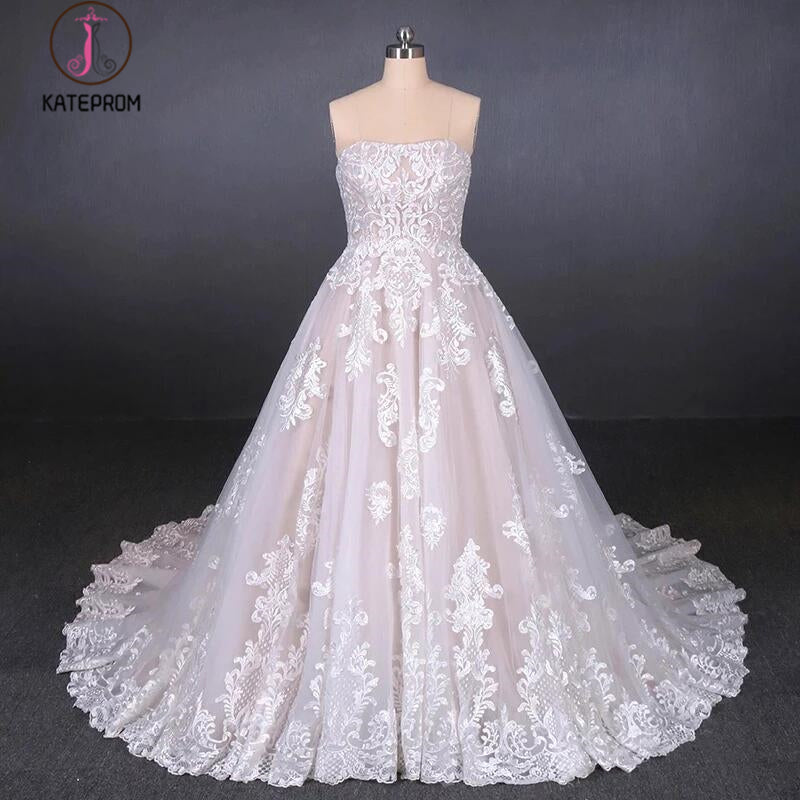 Puffy Strapless Tulle Wedding Dress with Lace Appliques, Long Train Lace Up Bridal Dress KPW0478