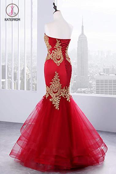 Floor Length Sweetheart Mermaid Red Prom Dress, Gold Appliqued Long Evening Dress KPP0593