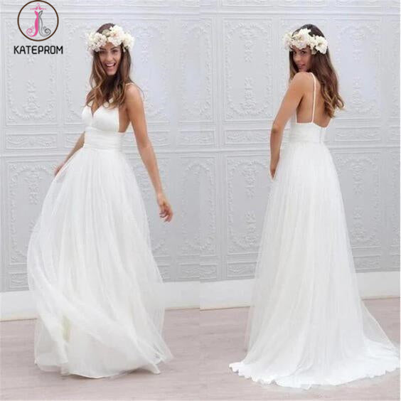 Beach Wedding Dress,Ivory Spaghetti Straps Wedding Gown,V Neck Backless Bridal Dress KPW0029