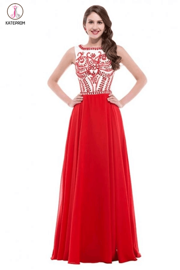 A-line Long Red Beaded Chiffon Prom Dresses KPP0026