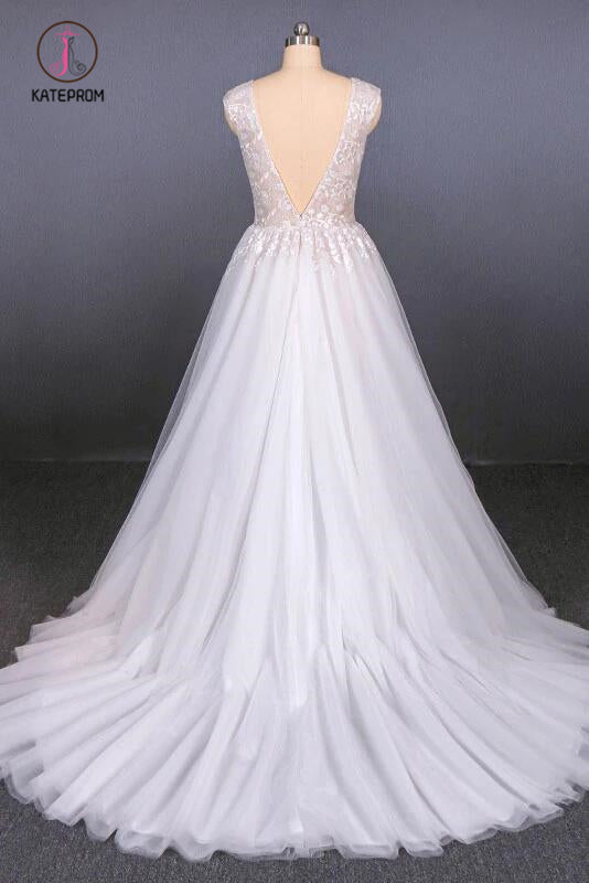 Sexy V Neck Tulle Wedding Dress with Lace Appliques, A Line Backless Bridal Dress KPW0467
