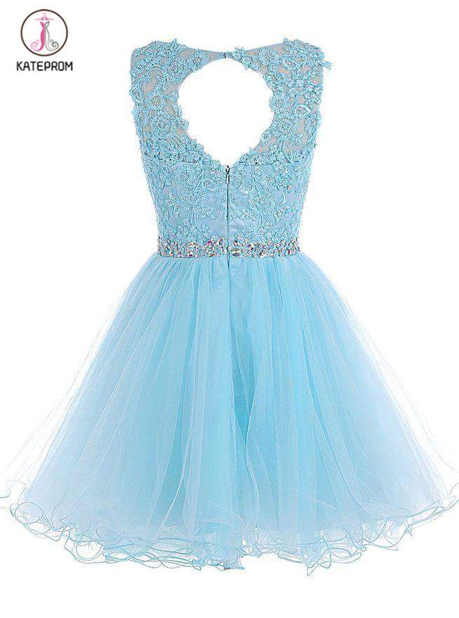 Appliqued Sleeveless Homecoming Dress with Beads,Tulle Homecoming Gown,Short Prom Gown KPH0217