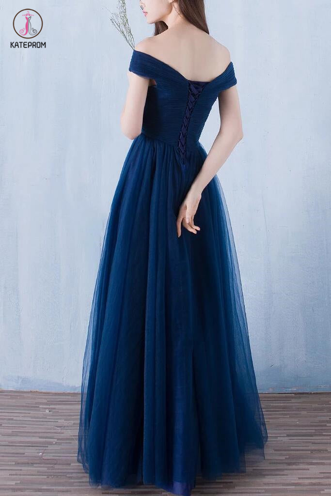 A-line Navy Blue off-the-Shoulder Long Prom Dresses,Tulle Evening Dress KPB0035