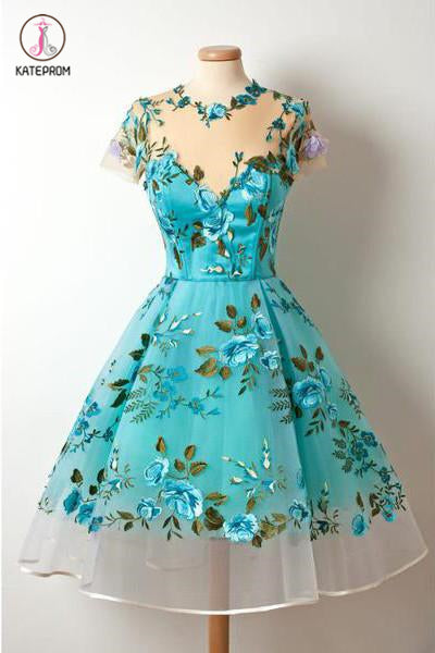 New Short Sleeves Unique Homecoming Dress,Appliqued Blue Short Prom Dresses KPH0170