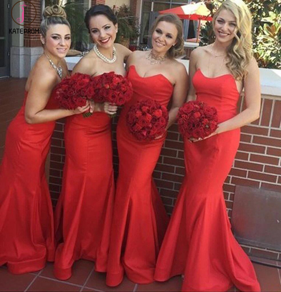Strapless Stunning Red Sweetheart Sexy Mermaid Long Wedding Guest Bridesmaid Dress KPB0069