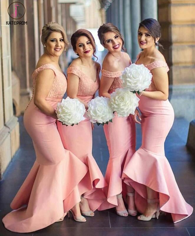 Baby Pink Mermaid Off-the-shoulder High-Low with Ruffles Lace Top Bridesmaid Dress KPB0063
