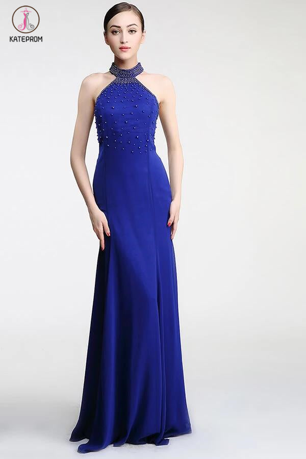 Halter Sheath Royal Blue Mermaid Long Prom Dresses KPP0043