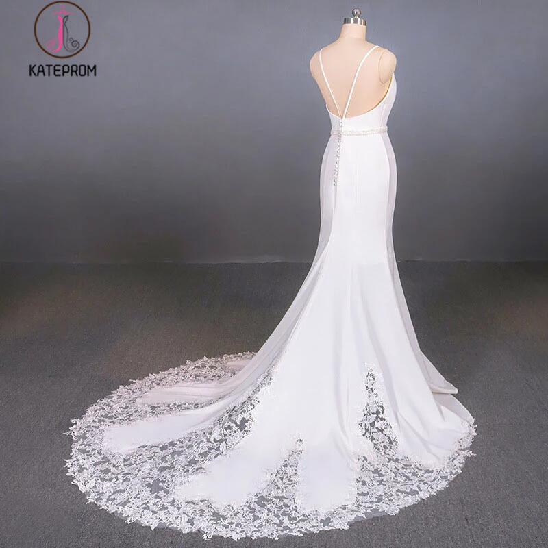 Simple Mermaid Sleeveless Wedding Dress with Lace, Sexy Backless Bridal Dress KPW0497