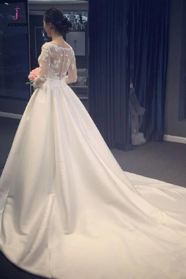 Elegant A Line V-Neck Appliques Long Sleeves Wedding Dress With Chapel Train KPW0254