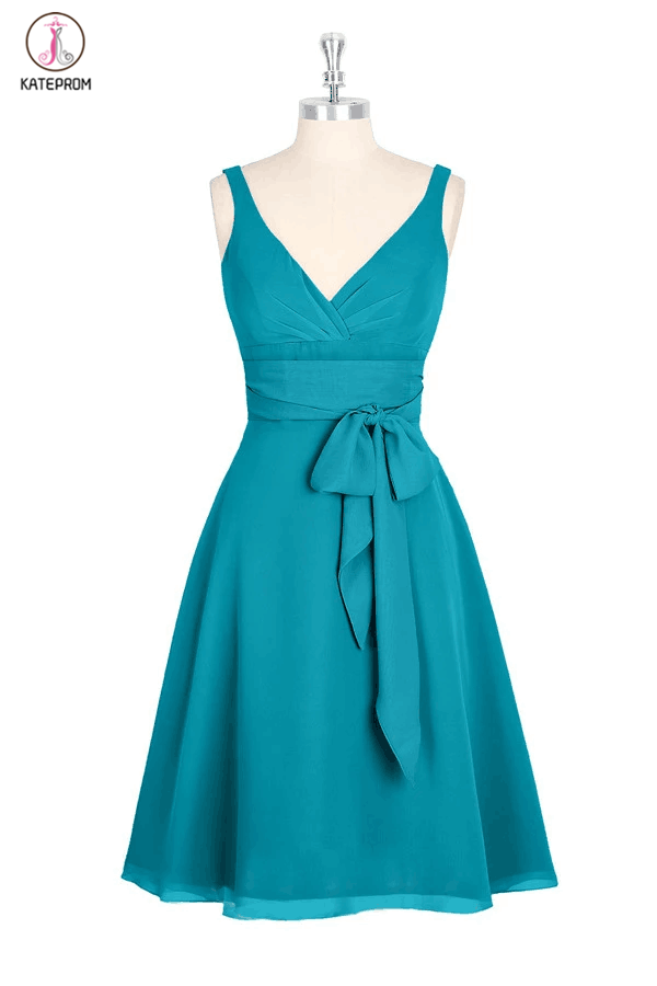 A-line V-neck Chiffon Turquoise Short Bridesmaid Homecoming Dresses KPB0007