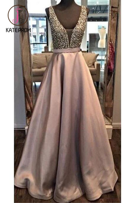 Beading Backless A-line Satin Prom Dresses,Beaded Ball Gowns Long,Formal Dress Long KPP0204