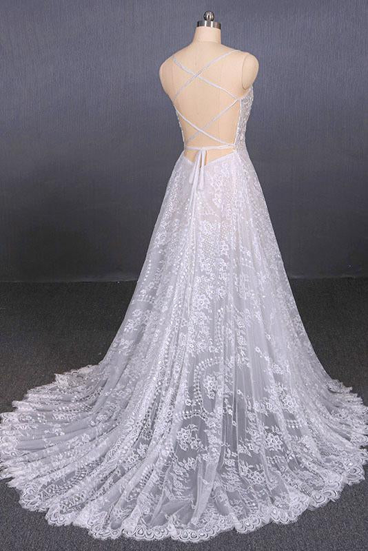 Spaghetti Straps Sweetheart Lace Wedding Dresses, Lace Bridal Dresses with Long Train KPW0464