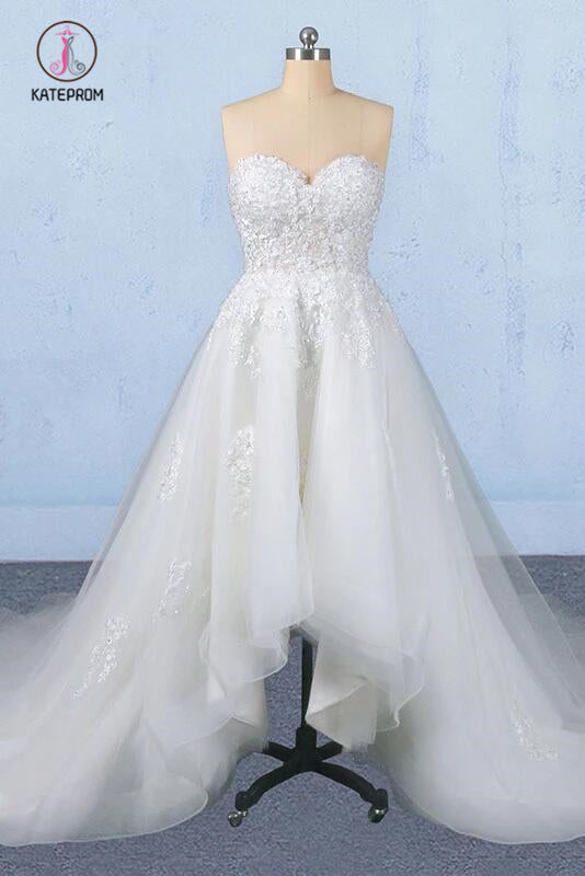 Off White Sweetheart High Low Tulle Appliques Wedding Dresses with Train KPW0488