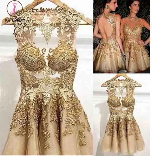 A-line Jewel Homecoming Dress,See Through Short Sleeveless Cocktail Dress with Appliques KPH0137