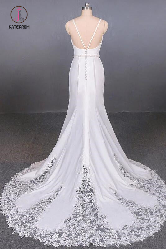 Simple Mermaid Sleeveless Wedding Dress with Lace, Sexy Backless Bridal Dress KPW0497