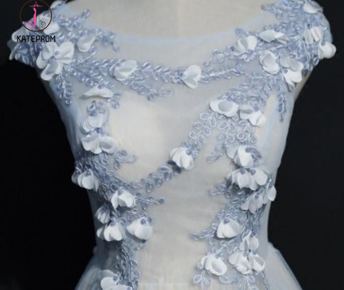 A Line Cap Sleeves Tulle Prom Dress, Floor Length Appliqued Evening Dress with Flowers KPP0551