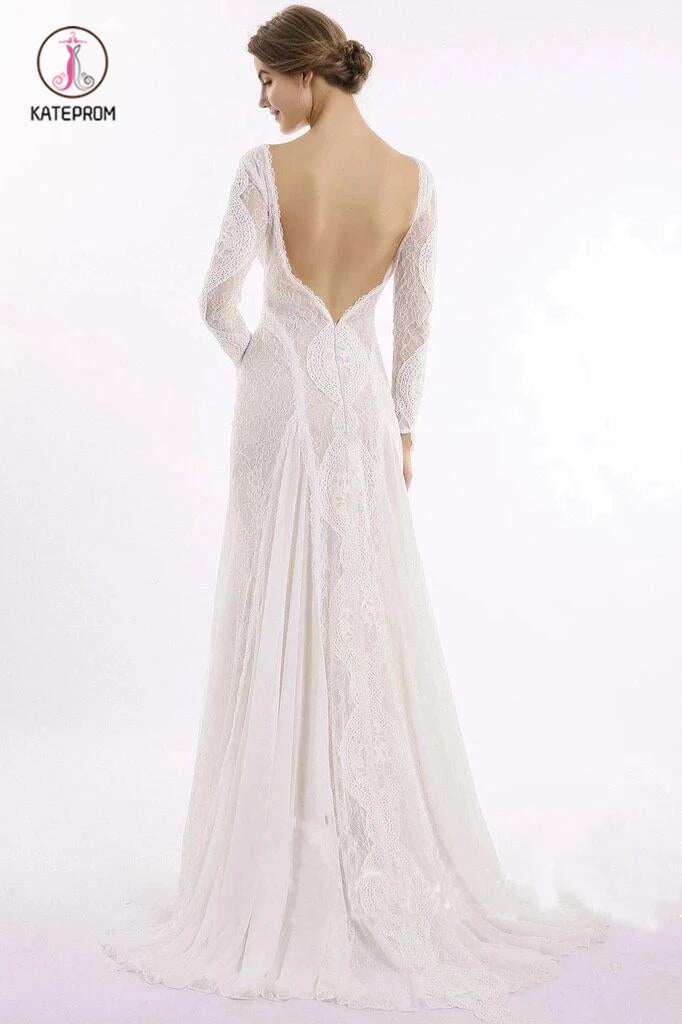 Column Lace Bridal Dress, Long Sleeves Backless Boho Beach Wedding Dresses KPW0412