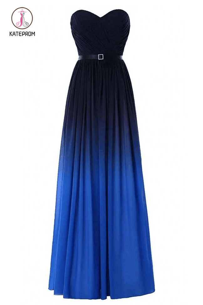 Blue Ombre Strapless Prom Dress with Belt,Gradient Chiffon Bridesmaid Dress KPB0107