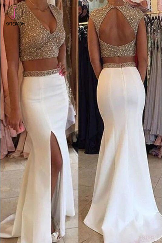 White Two Piece V Neck Mermaid Split Beading Prom Dresses,Open Back Formal Dresses KPP0220