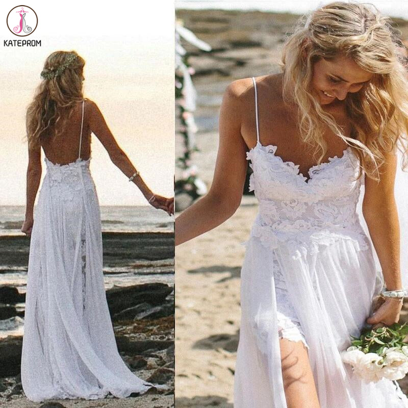 Spaghetti Straps White Lace Chiffon Backless Beach Wedding Gowns KPW0008