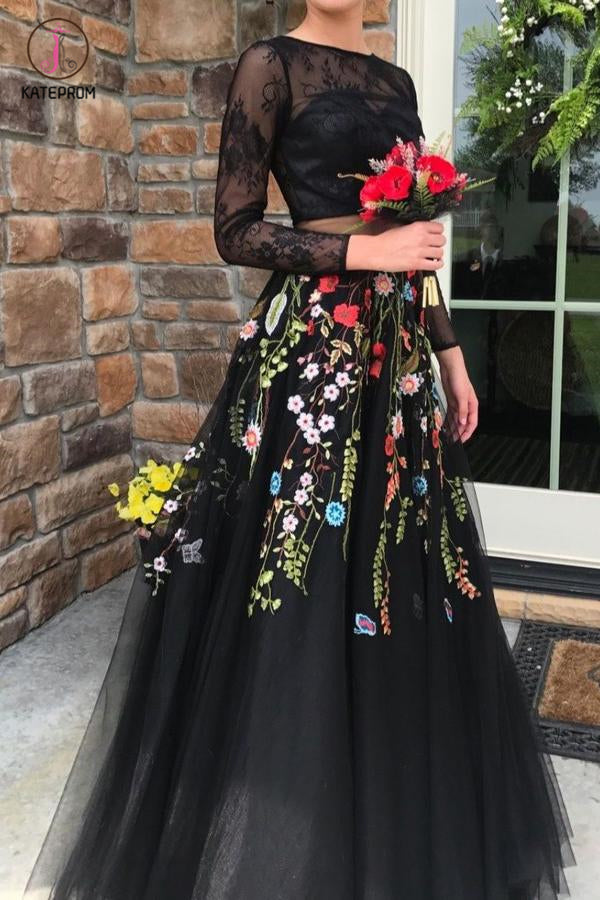 Two Piece Long Sleeves Black Lace Bodice Tulle Prom Dress with Appliques KPP0506