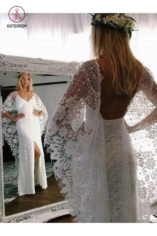 Ivory Boho Wedding Dresses with Batwing Sleeve Lace Rustic Backless Wedding Dresses KPW0410