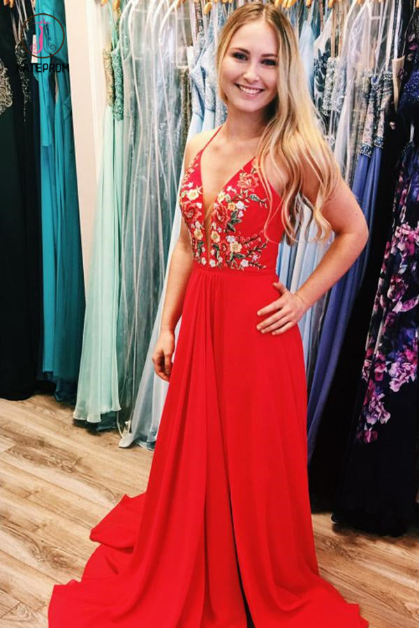Red Chiffon Long Prom Dress with Side Slit, Embroidery Applique Long Evening Dress KPP0611