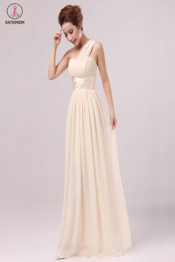 Pearl Pink Chiffon One Shoulder Empire Long Prom Dresses KPP0056