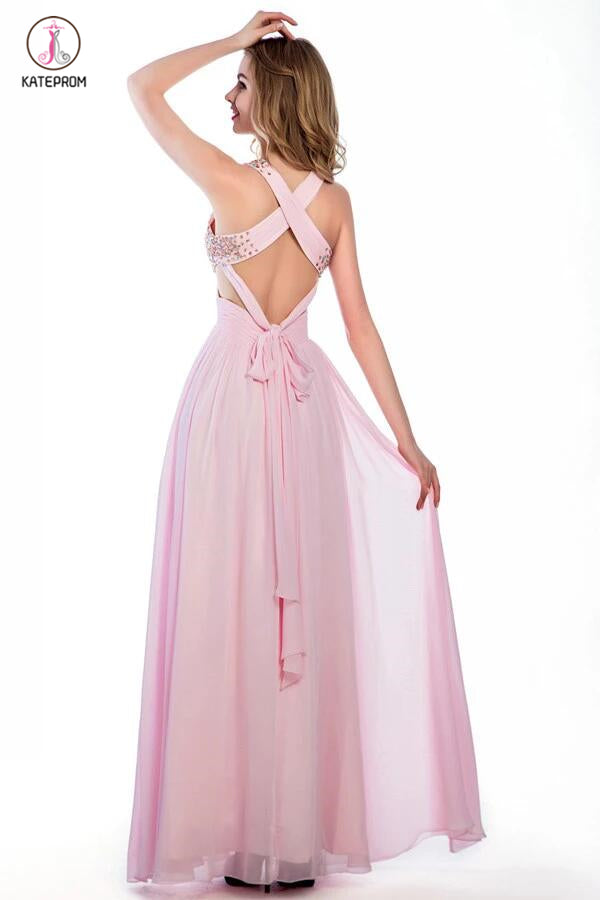Floor-length Pink Chiffon V-neck Prom Dresses Homecoming Dress KPP0114