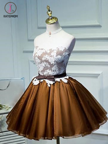 Strapless Tulle Homecoming Dress Lace Appliqued Bowknot Short Prom Dress Party Dress KPH0204