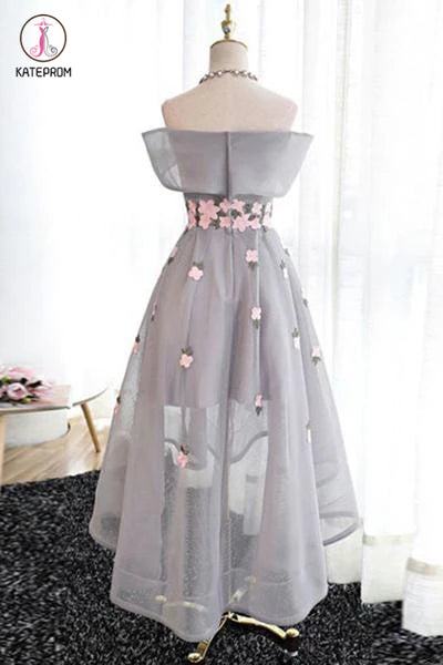 Off-the-Shoulder High Low Homecoming Gown,Tulle Homecoming Dress With Flowers KPH0163