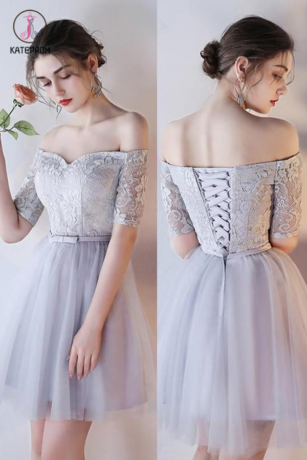 Off-shoulder Homecoming Dress Half Sleeve Lace Tulle Short Prom Dress Graduation Dress KPH0195