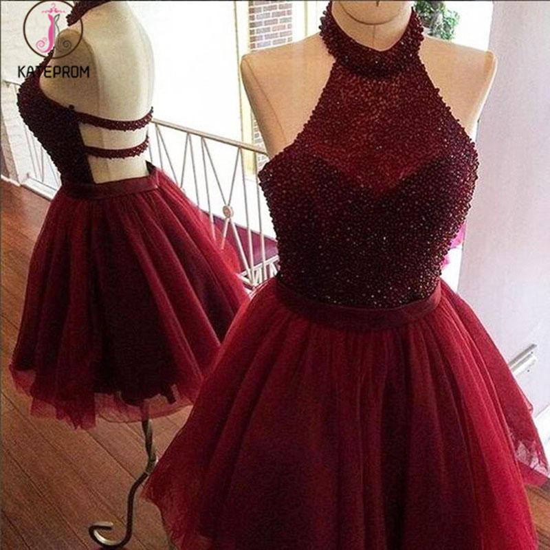 Burgundy Halter Beading Tulle Short Prom/Homecoming Dresses,Backless Party Dresses KPH0198