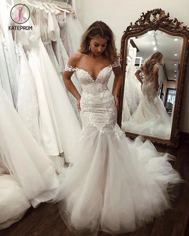 Off the Shoulder Mermaid Wedding Dress with Lace, Long Tulle Bridal Dress with Train KPW0299