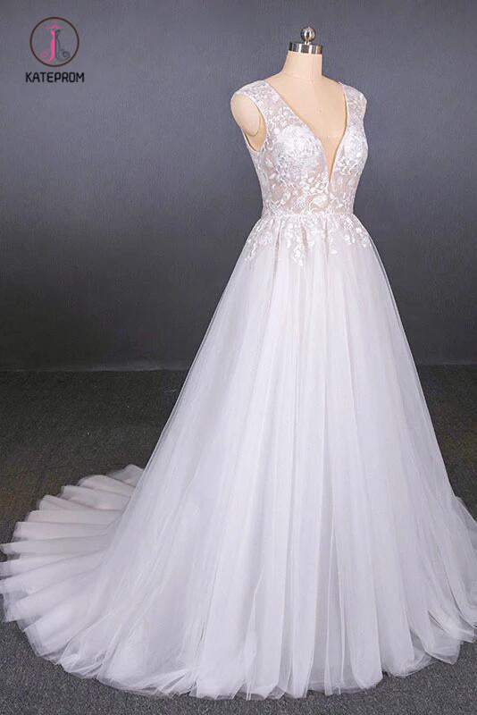 Sexy V Neck Tulle Wedding Dress with Lace Appliques, A Line Backless Bridal Dress KPW0467